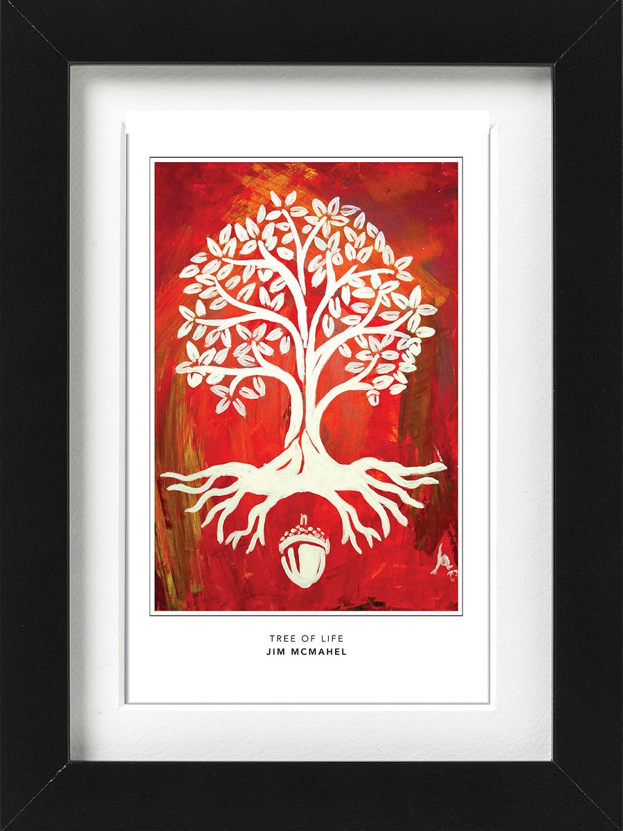Tree of Life, a white tree with spreading roots on a red field, by Jim McMahel